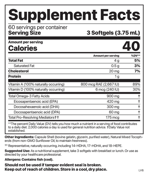 Alaskan Cod Liver Oil 180 Softgels Supplement Facts Label