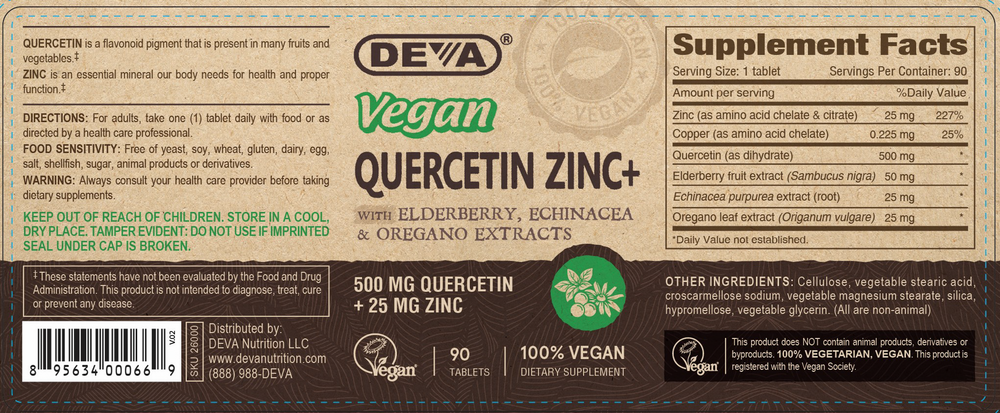 Vegan Quercetin Zinc+ Supplement Facts Label