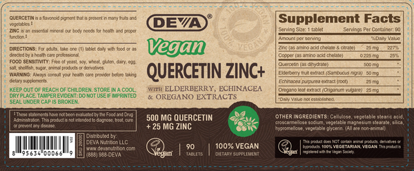 Vegan Quercetin Zinc+ Supplement Facts Label