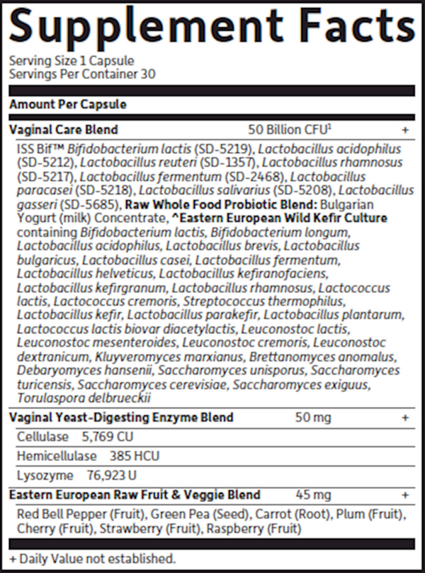 Raw Probiotics Vaginal Care Shelf Stable Supplement Facts Label