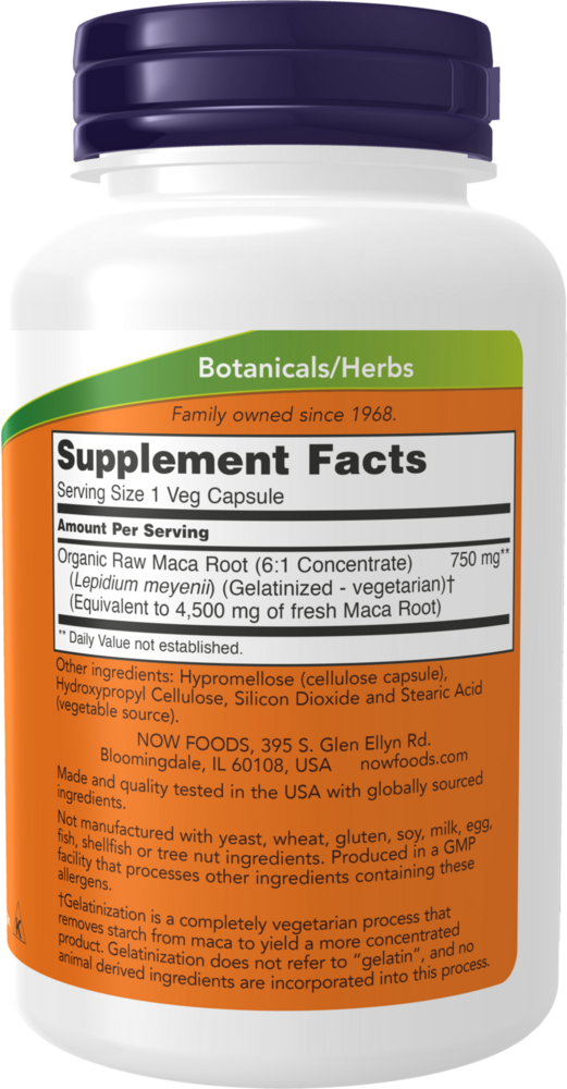 Raw Maca 750 mg Supplement Facts Label