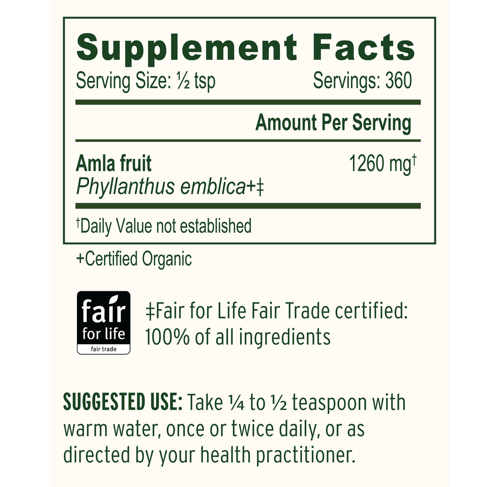 Amla (Amalaki) Fruit Powder Organic Supplement Facts Label
