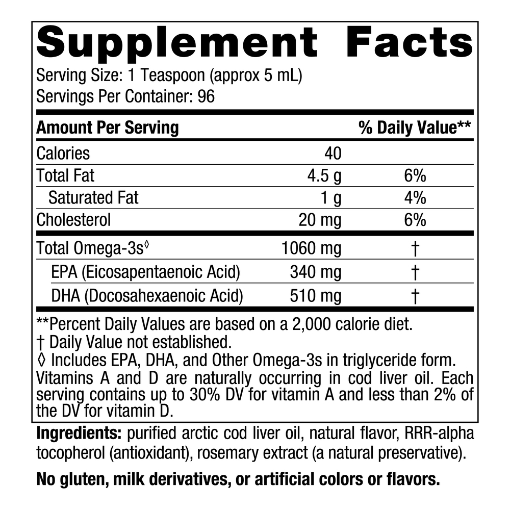 Arctic Cod Liver Oil Orange Supplement Facts Label