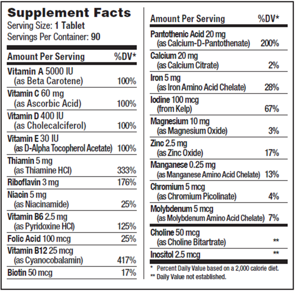 Junior Multi Supplement Facts Label