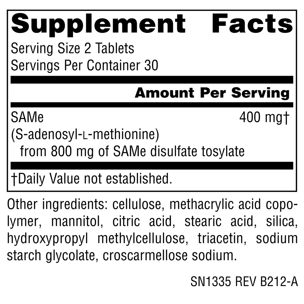 SAMe 200 mg 60 Count Supplement Facts Label