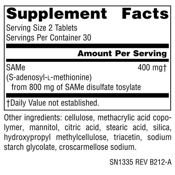 SAMe 200 mg 60 Count Supplement Facts Label