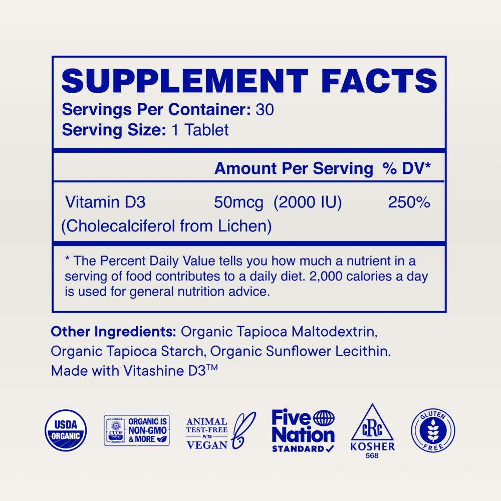 Sol Food: Organic Vitamin D3 Tablets Supplement Facts Label