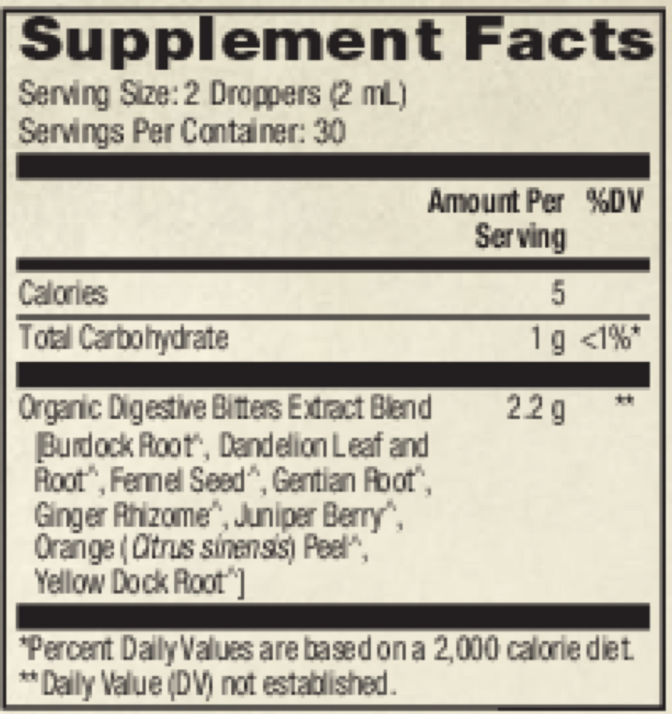 Organic Digestive Bitters Supplement Facts Label