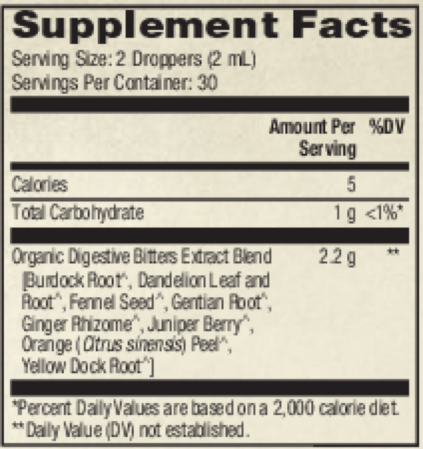 Organic Digestive Bitters Supplement Facts Label