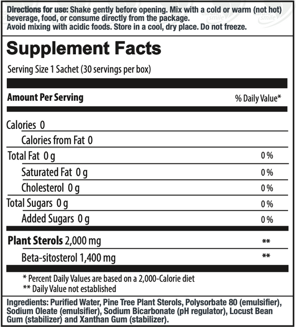 BACKORDER ONLY - Cardiosmile 2000 mg Liquid Plant Sterols Supplement Facts Label