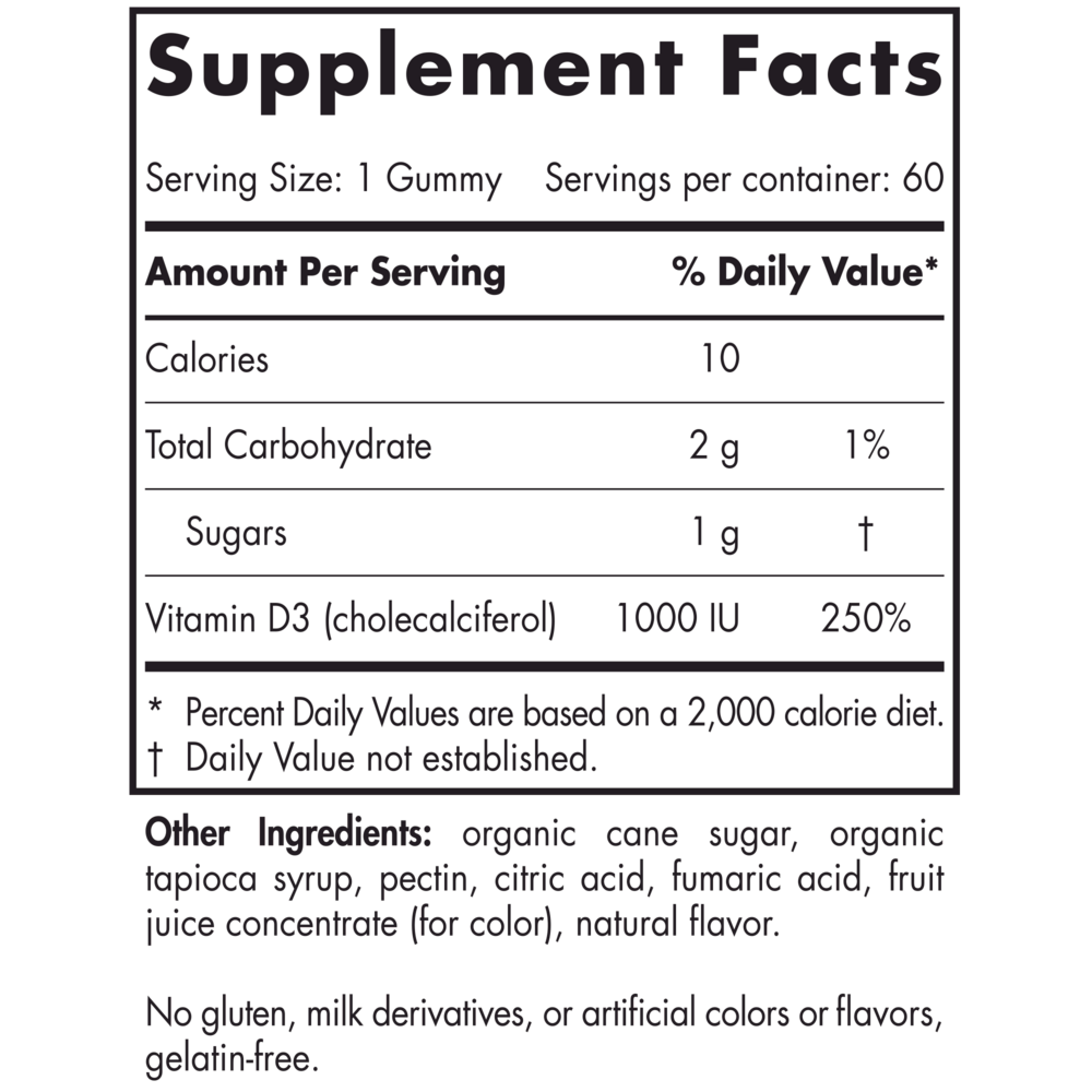 Vitamin D3 Gummies Wild Berry Supplement Facts Label