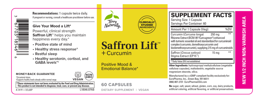 DISCONTINUED - Saffron Lift + Curcumin Supplement Facts Label