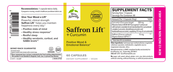 DISCONTINUED - Saffron Lift + Curcumin Supplement Facts Label
