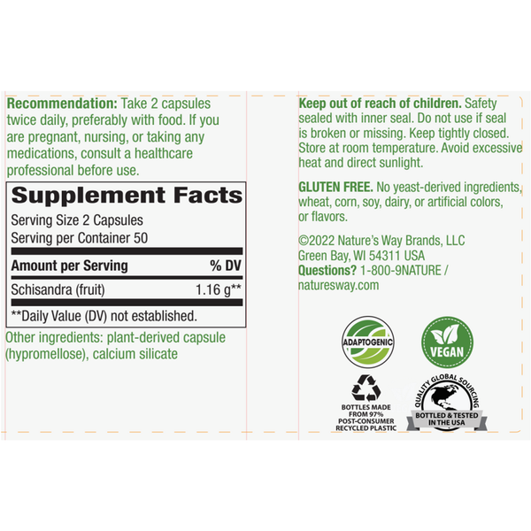 Schizandra 580 mg Supplement Facts Label