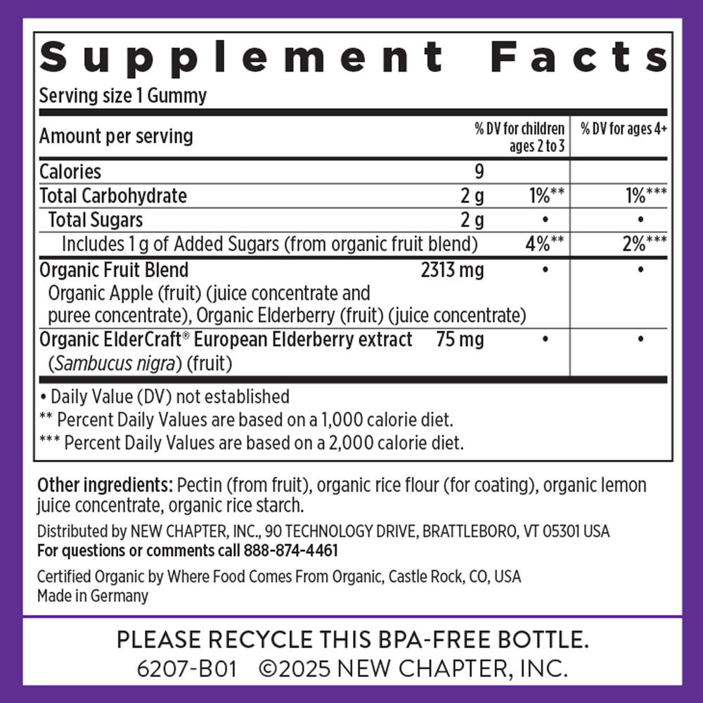 Kids Organic Elderberry Gummies Supplement Facts Label