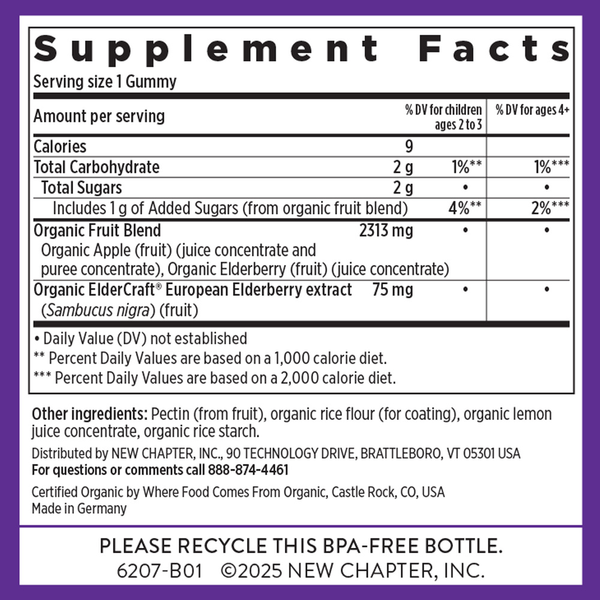 Kids Organic Elderberry Gummies Supplement Facts Label