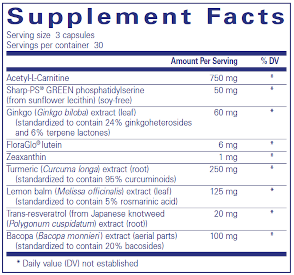 Memory Pro 180 Count Supplement Facts Label
