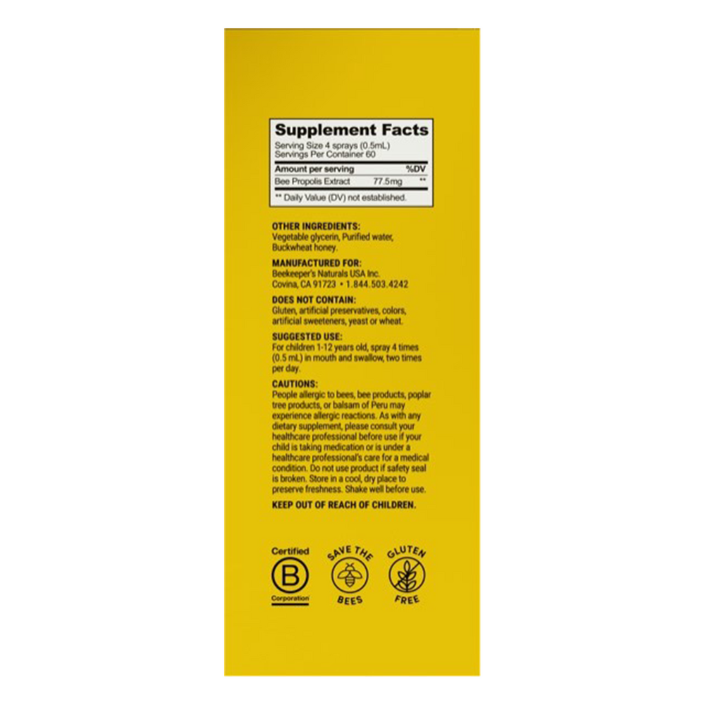 Kids Propolis Throat Spray Supplement Facts Label