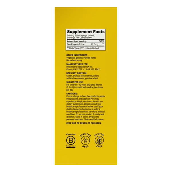 Kids Propolis Throat Spray Supplement Facts Label
