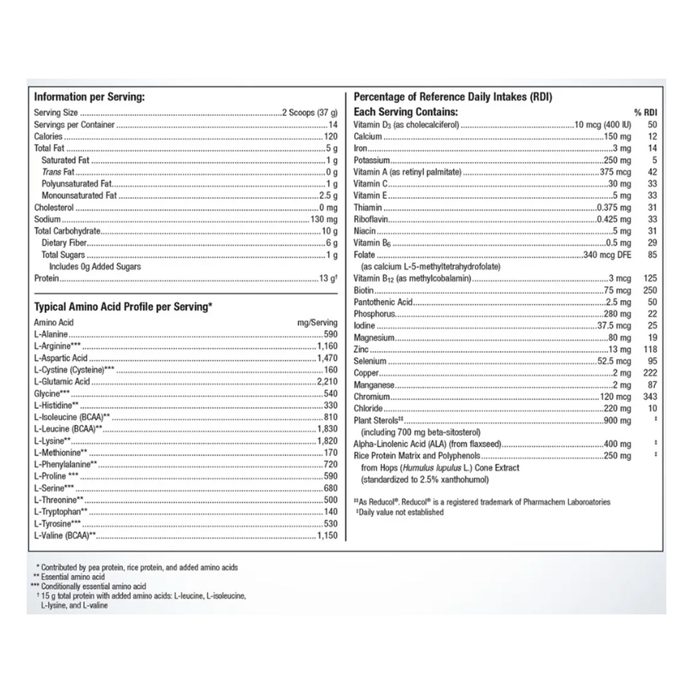 UltraMeal Cardio 360 Pea Vanilla Supplement Facts Label