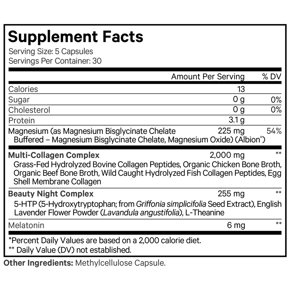 Multi Collagen Beauty Night Supplement Facts Label