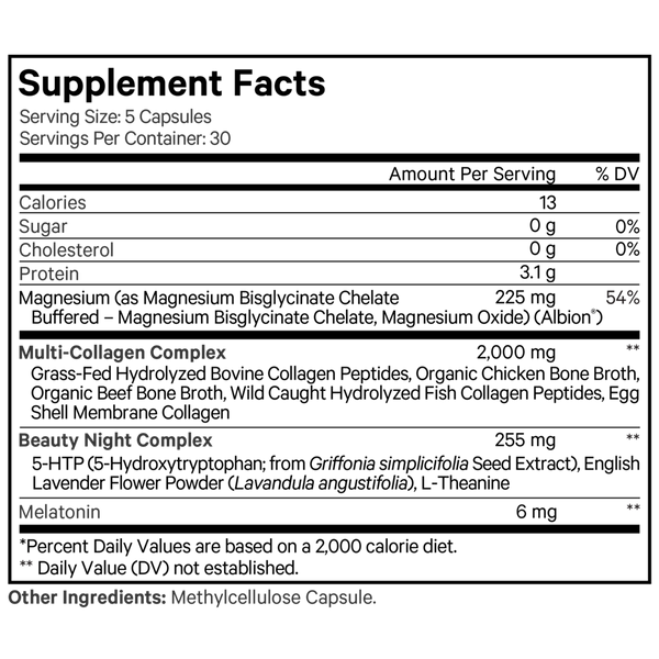 Multi Collagen Beauty Night Supplement Facts Label