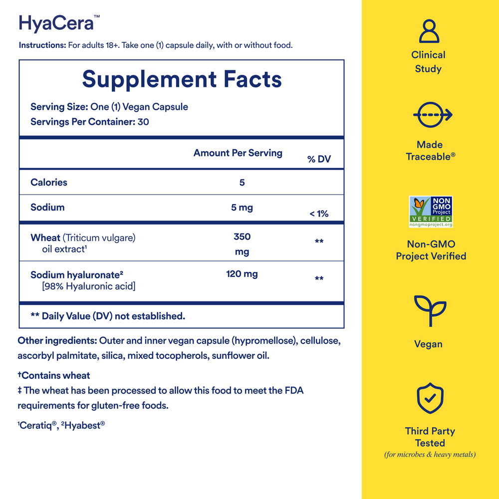 HyaCera Supplement Facts Label