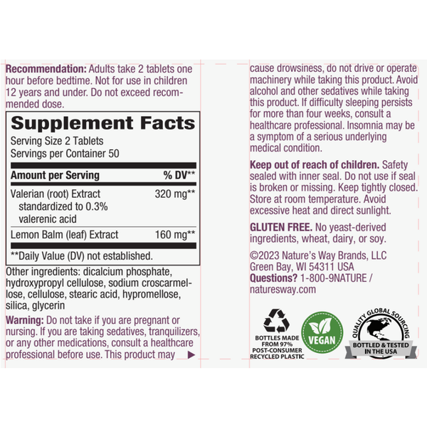 Valerian Nighttime Sleep Aid Supplement Facts Label