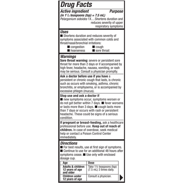 Umcka® ColdCare Menthol Syrup Supplement Facts Label