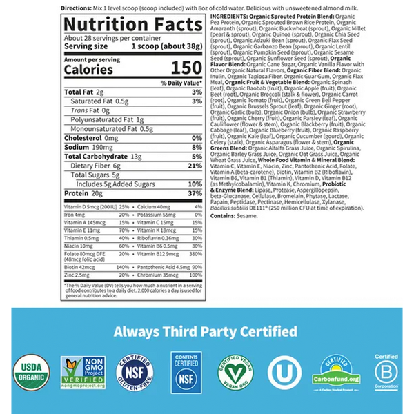 RAW Organic Meal Lightly Sweet Supplement Facts Label