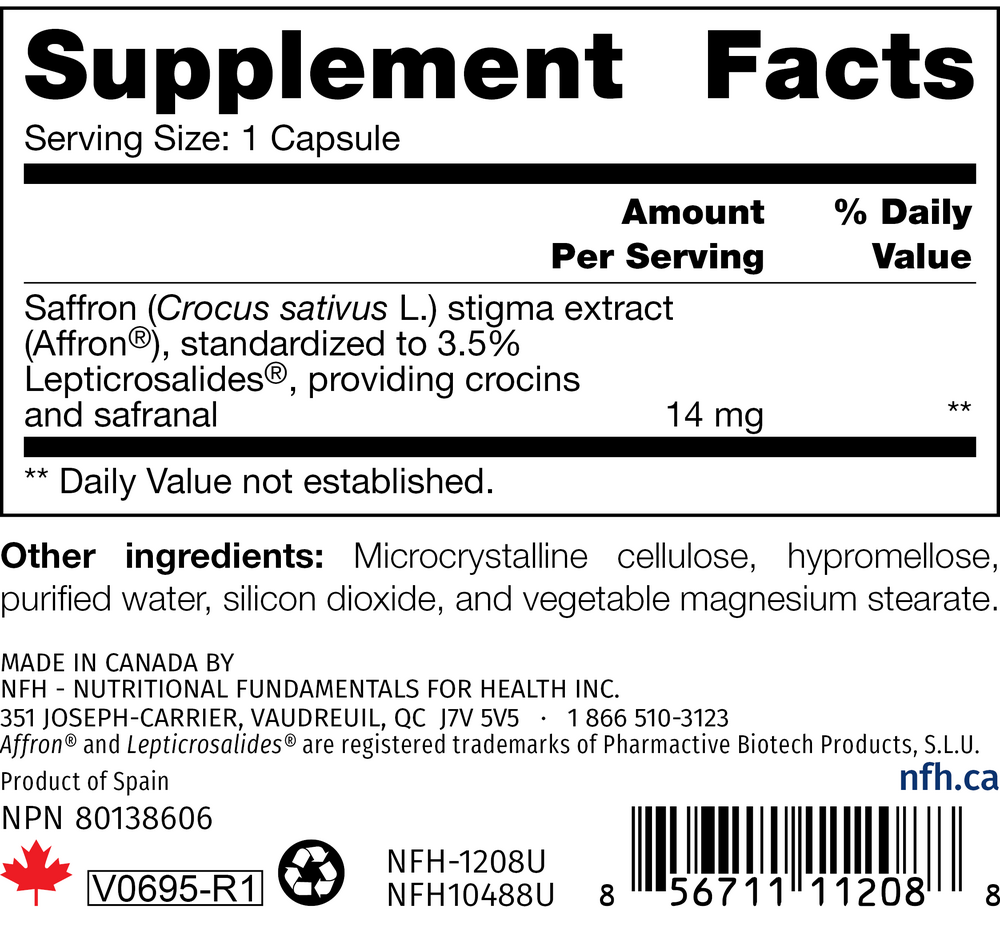 Saffron SAP Supplement Facts Label