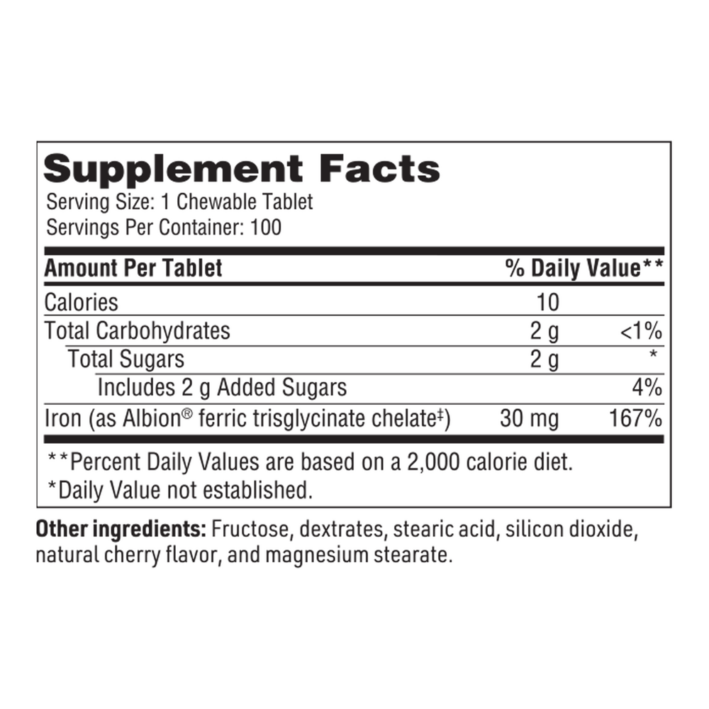 Chewable Iron Chelate Supplement Facts Label