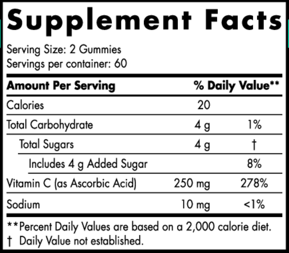 Vitamin C Gummies Sport 120 Gummies Tart Tangerine Supplement Facts Label