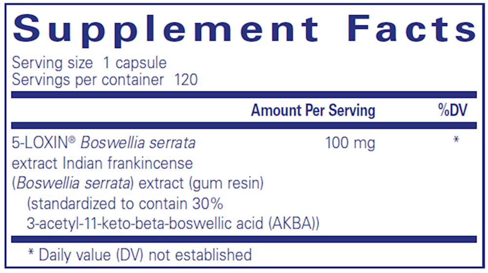 Boswellia AKBA 60 Count Supplement Facts Label
