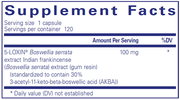 Boswellia AKBA 60 Count Supplement Facts Label