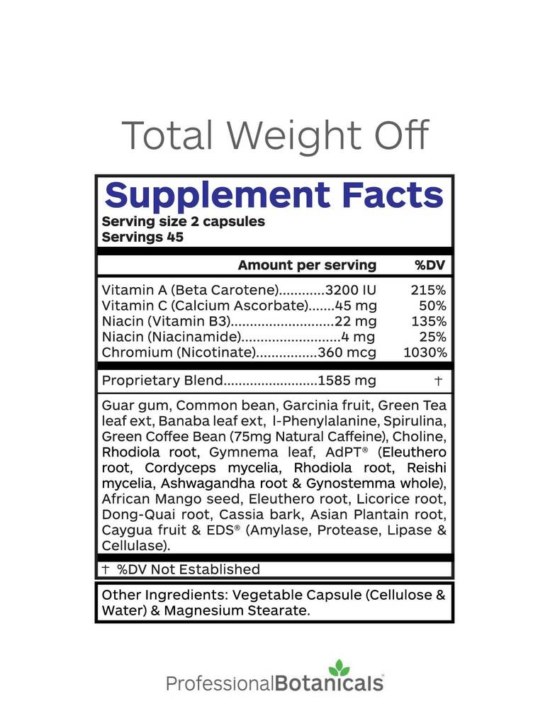 Total Weight Off Supplement Facts Label