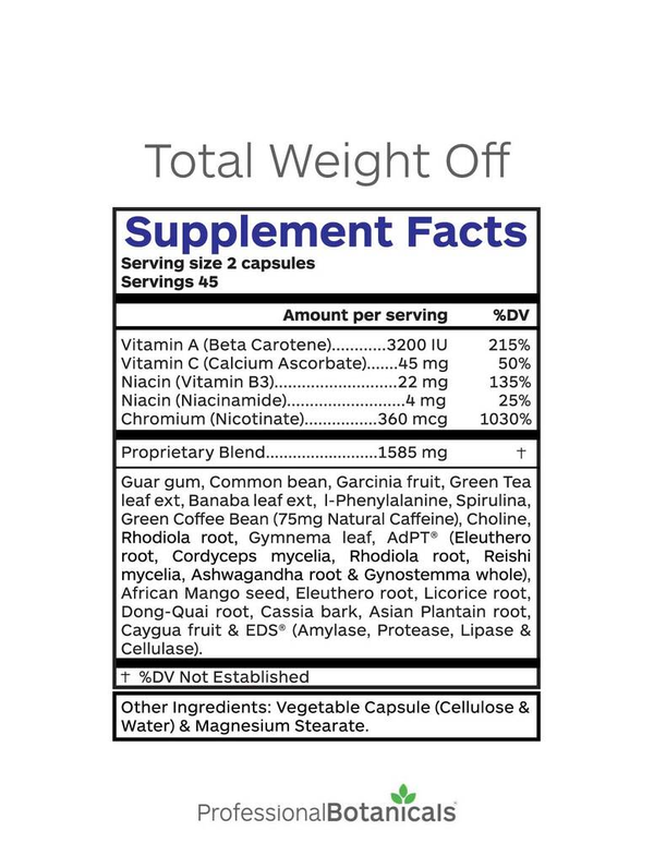 Total Weight Off Supplement Facts Label