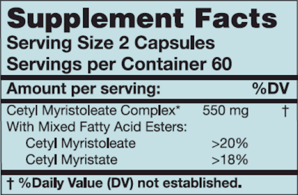Cetyl Myristoleate 550 mg Supplement Facts Label