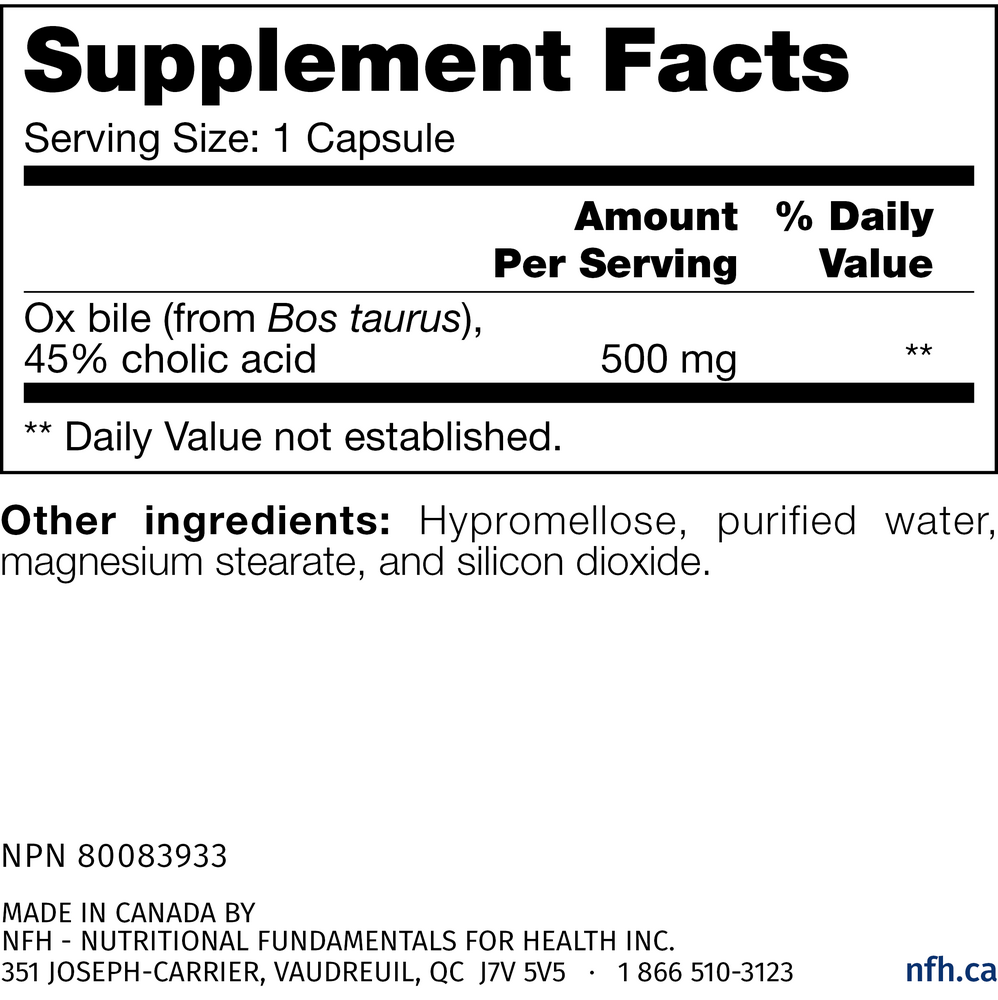 Ox Bile SAP Supplement Facts Label