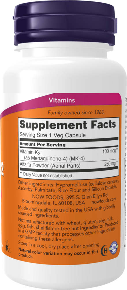 Vitamin K-2 100 mcg Supplement Facts Label