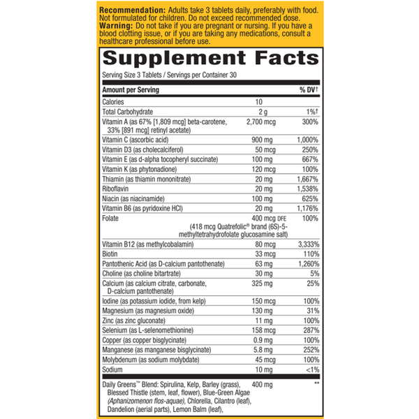 Alive!® Max3 Daily Multivitamin Without Iron Supplement Facts Label