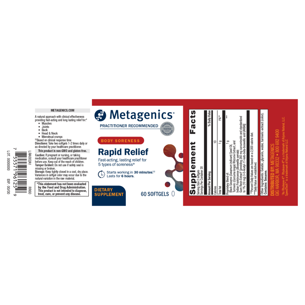 Rapid Relief Supplement Facts Label
