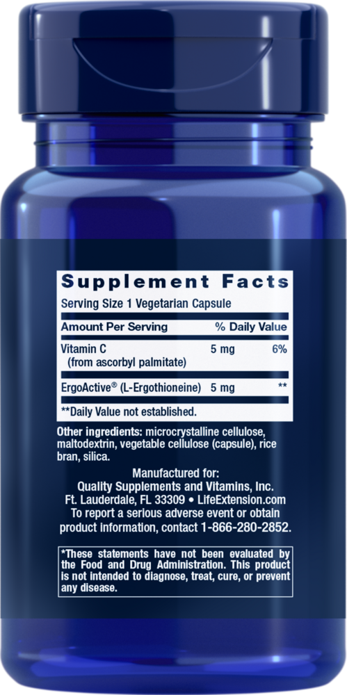 Essential Youth L-Ergothioneine Supplement Facts Label