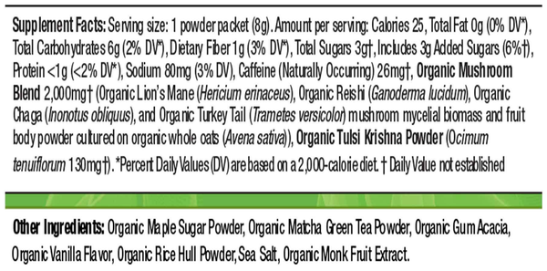 Mushroom Matcha Latte 10 Pack Supplement Facts Label
