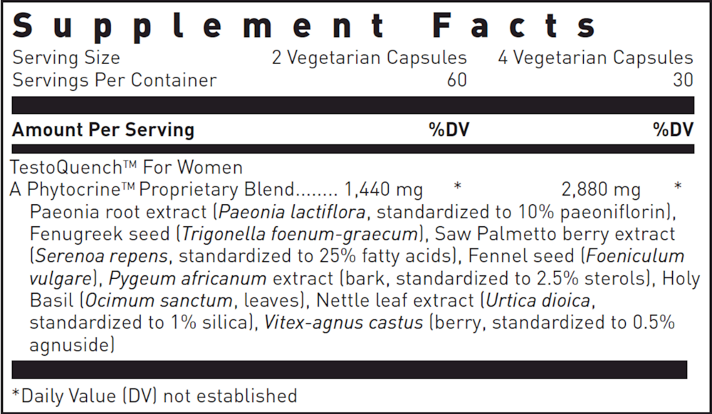 Testo Quench For Women Supplement Facts Label