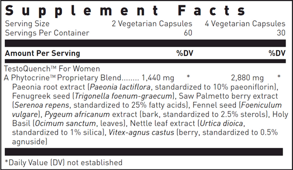 Testo Quench For Women Supplement Facts Label