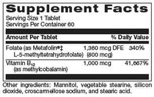BioActive B12 Folate Supplement Facts Label