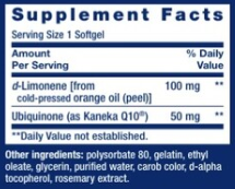 Super-Absorbable CoQ10 (Ubiquinone) with d-Limonene 50 mg Supplement Facts Label