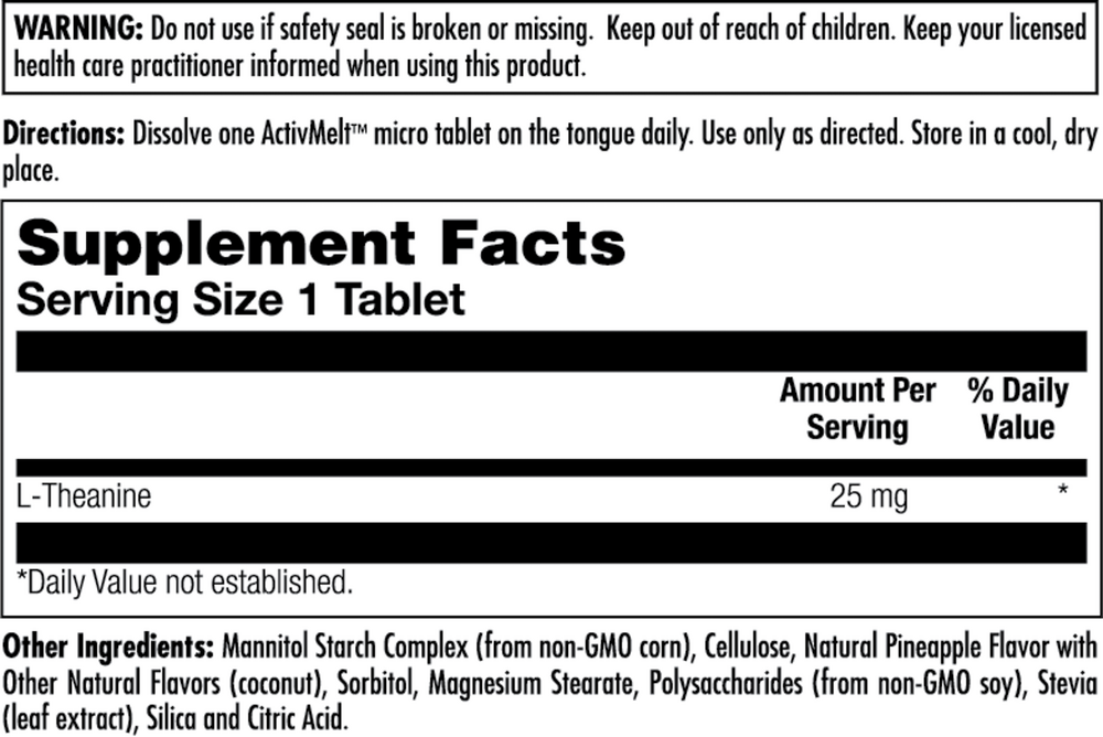 L-Theanine 25 mg Pineapple Supplement Facts Label