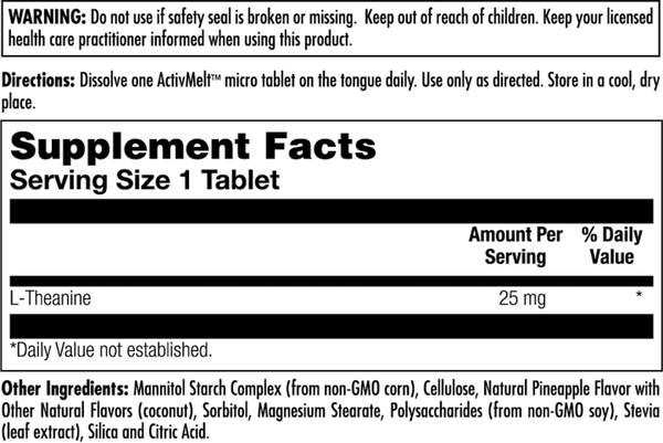 L-Theanine 25 mg Pineapple Supplement Facts Label